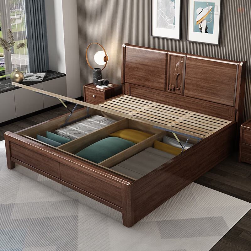 实木床胡桃木带储物空间主卧现代2022年流行的床新中式1点5 单床 1800