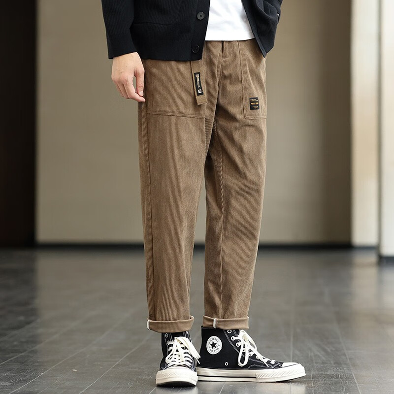 布衣传说【灯芯绒质感】搭扣腰带立体贴袋松紧腰针织九分小锥裤男式休闲裤 卡其 XL