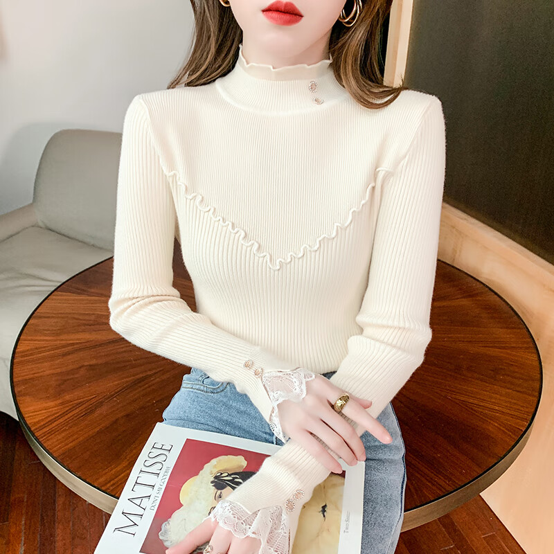 香影芬半高领打底衫女秋冬中领内搭蕾丝时尚毛衣木耳边针织法式别致上衣 燕麦色 L (建议105-115斤)