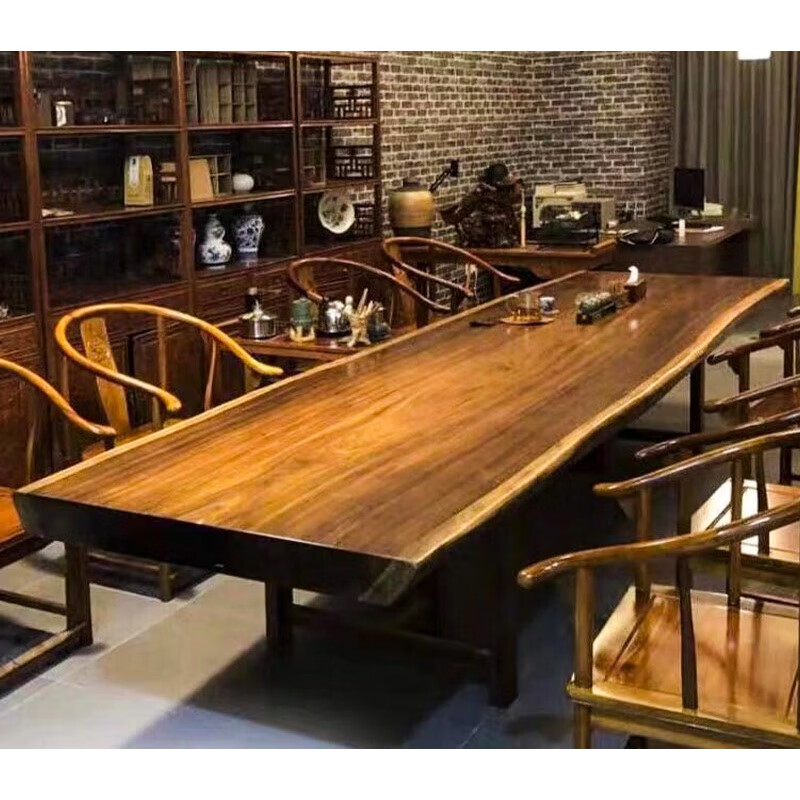 办公室洽谈桌实木大板茶桌原木巴花茶板奥坎茶台黑胡桃木办公桌面整块