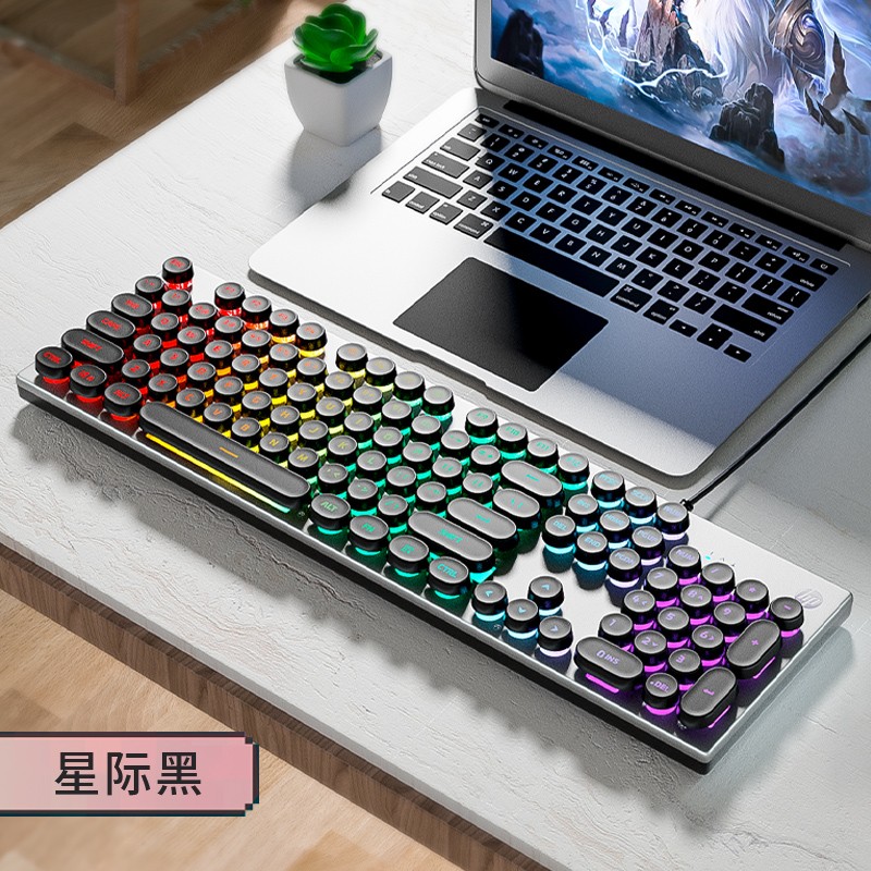 惠普（HP）真机械手感键盘 游戏有线背光电竞吃鸡笔记本台式电脑外设办公复古圆键朋克键帽键盘键鼠套装 K500Y星际黑【圆键帽】