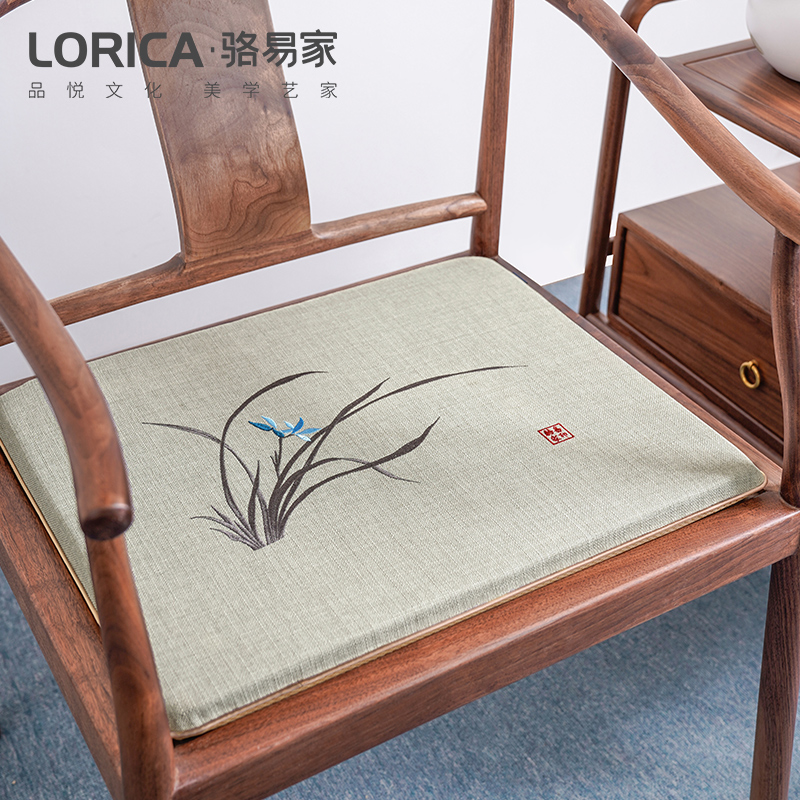 骆易家（Lorica）  禅意刺绣坐垫中式椅垫红木沙发垫餐桌椅垫太师椅圈椅座垫茶椅垫 蕙质兰心-米灰 坐垫尺寸44*50（3cm海绵）