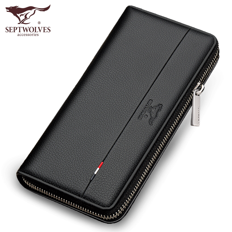七匹狼（SEPTWOLVES）钱包男长款拉链手拿包头层牛皮大容量多功能钱夹生日礼物送男朋友 款一黑色长20.5宽10.5厚3cm