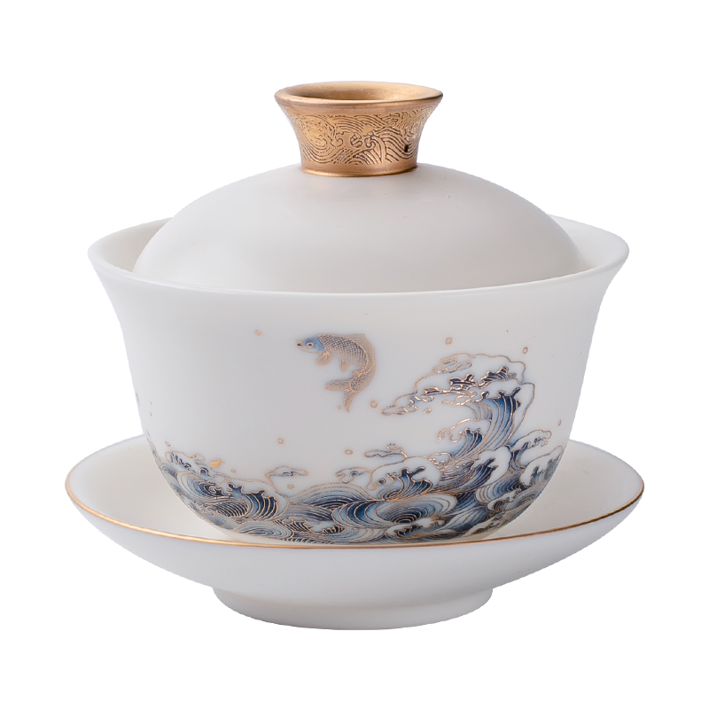 京峰阁 功夫茶具 羊脂玉瓷圆融福悦三才盖碗 描金白瓷家用茶杯马年礼物 圆融福悦盖碗