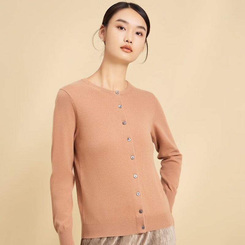 春竹圆领100%羊毛衫女开衫休闲显瘦毛针织衫外套女 中华驼 m/95