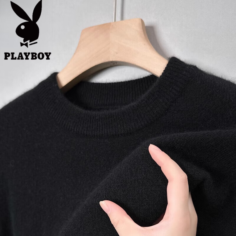 花花公子（PLAYBOY）秋冬款100%纯羊毛男士纯色圆领套头羊毛衫针织打底衫毛衣男潮 圆领黑色 XL 175建议140-160斤