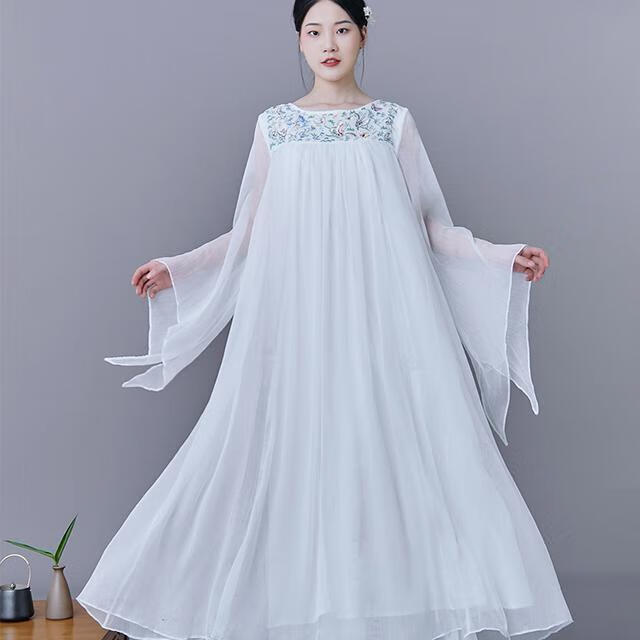 知特复古女装中国风禅服女禅意茶服夏文艺宽松白色汉服古风雪纺连衣裙