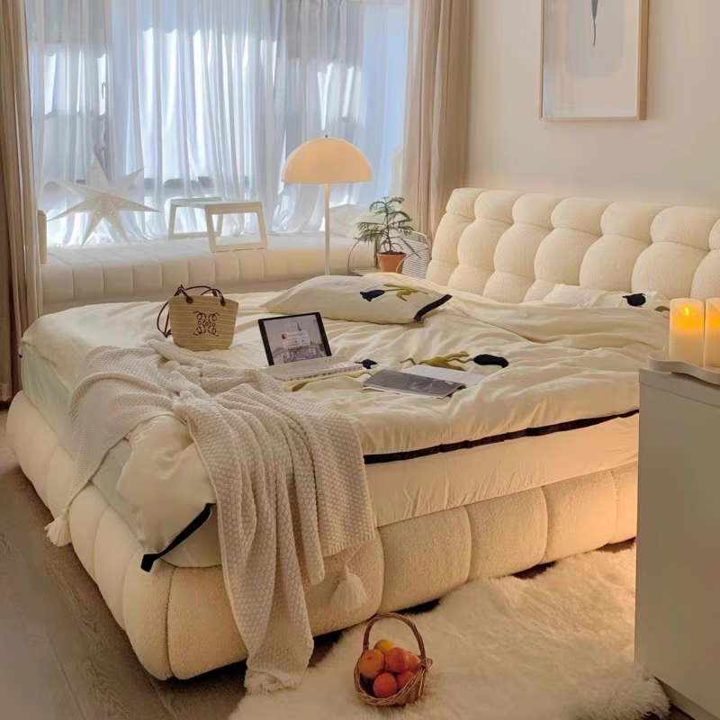 广东佛山女生床网红法式棉花糖布艺床现代简约白色主卧卧室羊羔绒 单