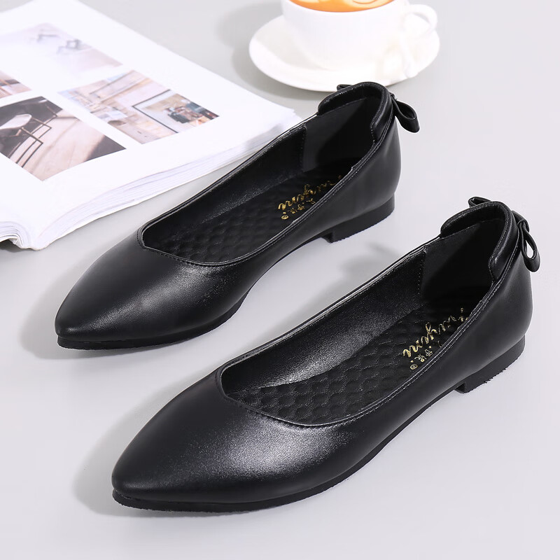 百思图同款黑色工作鞋软底鞋女平底尖头正装皮鞋职业上班鞋防滑软皮单