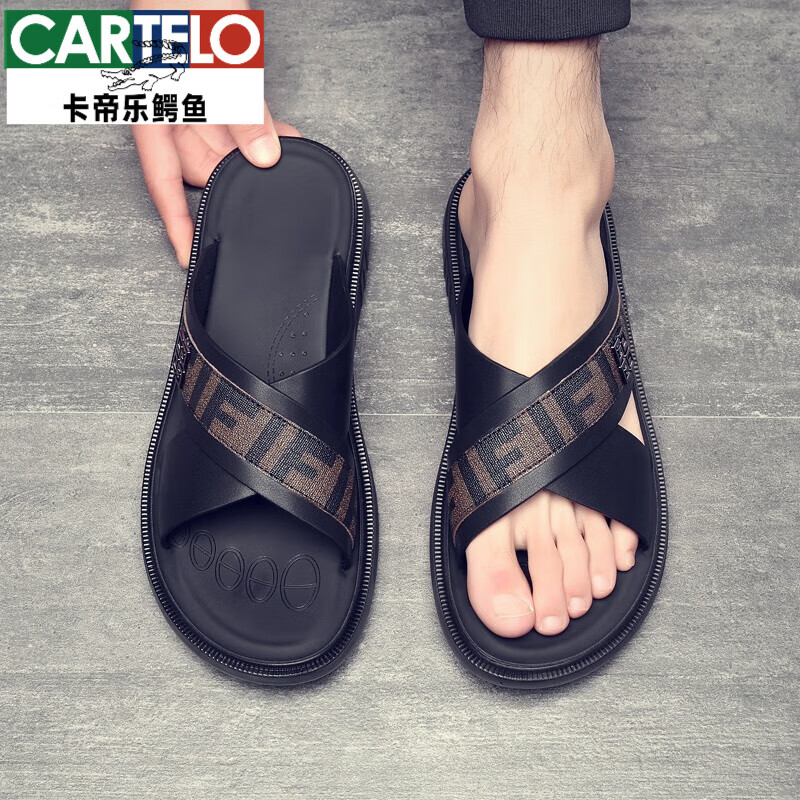 卡帝乐鳄鱼（CARTELO）拖鞋男款2025年夏季外穿百搭潮流真皮潮牌厚底防滑防臭男士沙滩鞋
