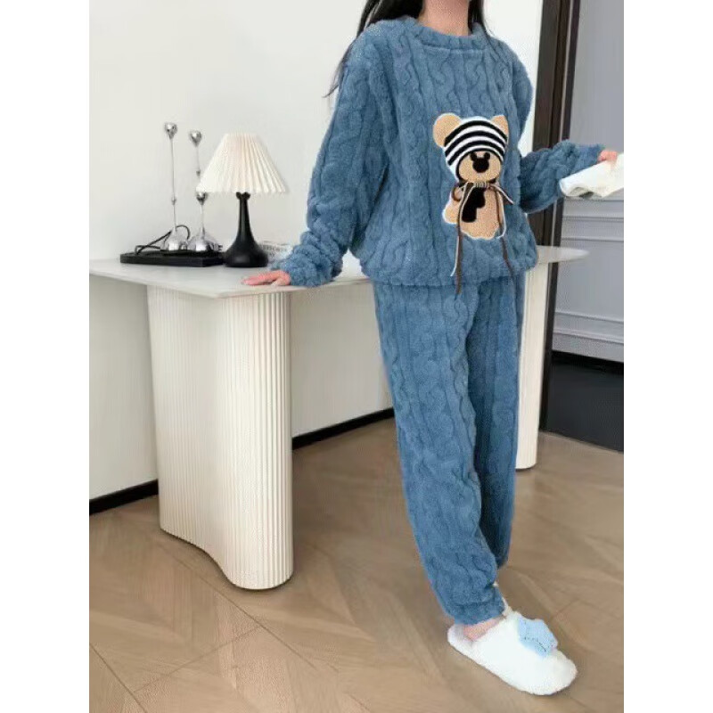 诗莉奥(SHILIAO)珊瑚绒睡衣女冬天加厚外穿可爱法兰绒家居服时尚宽松长款开衫套装 小熊卡其色 均码 (80-140斤)