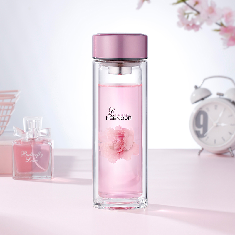 希诺(heenoor)双层玻璃杯女士家用水杯带滤网个性潮流清新花茶杯防烫
