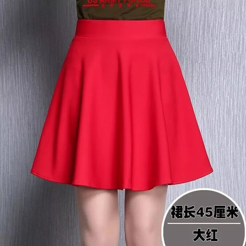 苜戈春夏秋季高腰显瘦半身裙a字裙女百褶裙广场舞短裙女 大红色45厘米