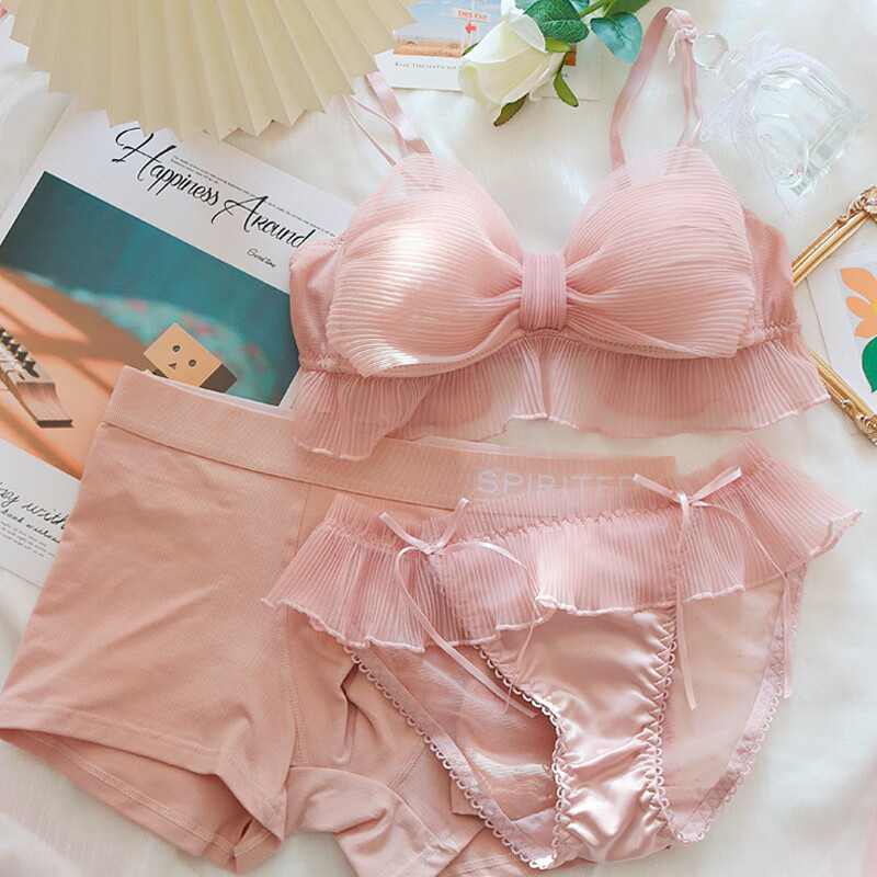 花芯珠情侣内衣三件套 甜蜜蜜情侣内衣三件套粉色可爱舒适日系男女 大