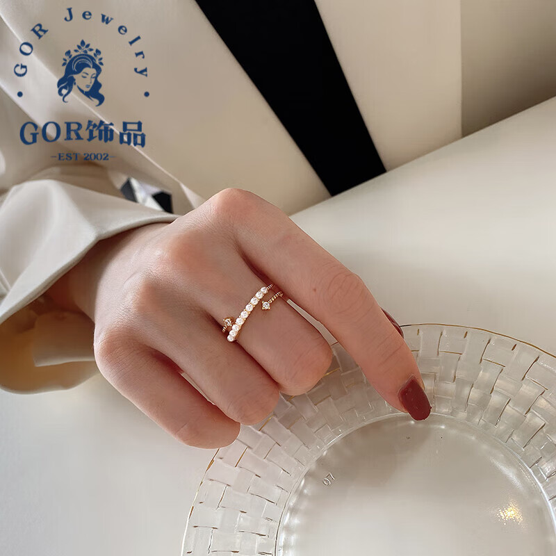 GOR18k彩金戒指银玫瑰金日系轻奢食指女珍珠设计感个性开 4243开口珍珠戒指