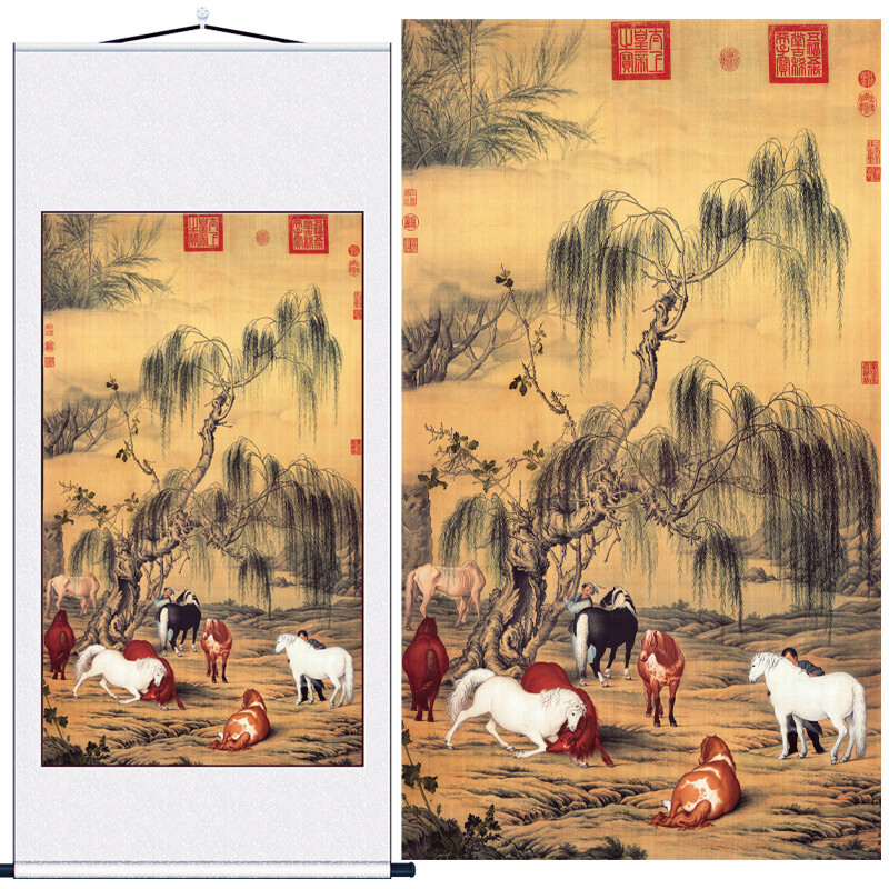 中国画 八駿馬図 在銘 掛軸 Z4 中国画 八駿馬図 在銘 掛軸 Z4