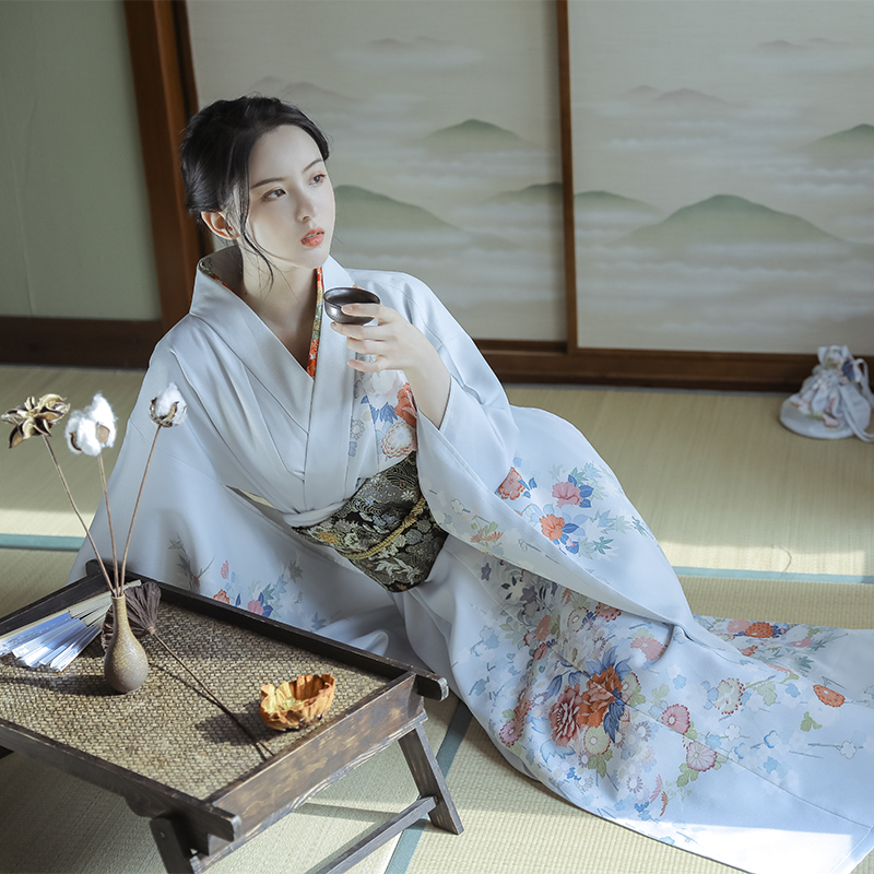 情趣内衣女桔子点点浅蓝日本振袖和服女日式改良传统日系神明年会