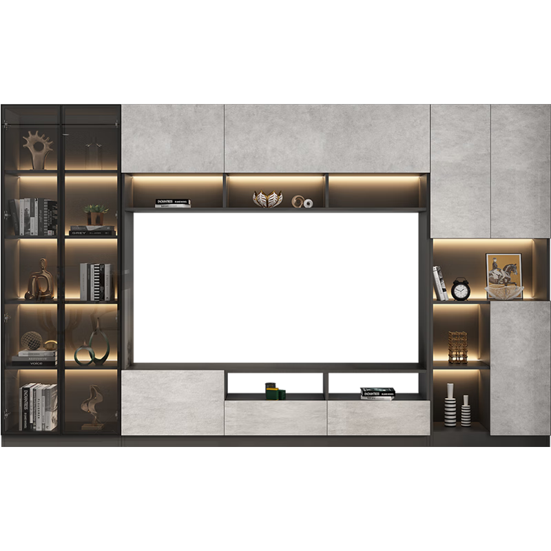雪鹏（Xuepeng）岩板茶几电视柜一体组合墙柜现代轻奢客厅电视背景墙柜储物柜定制 款式10：3200*350*2000 (带灯)