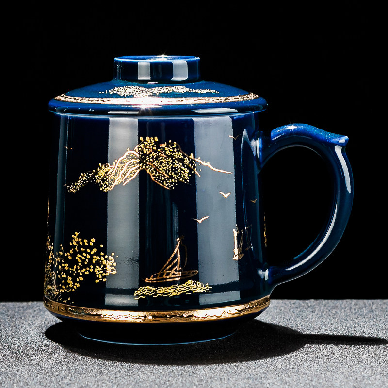老板杯青花瓷办公茶杯带盖陶瓷 男女情侣杯子大号带过滤水杯老板杯 霁