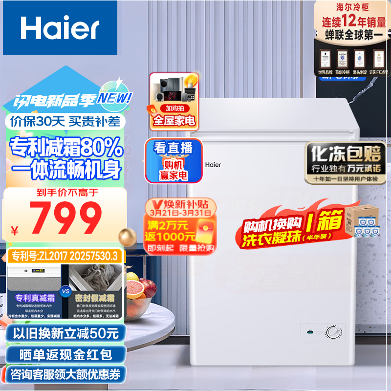 海尔（Haier）100升低霜家用冰柜 冷藏柜冷冻柜母乳囤货小冰柜家用小型冰箱冷柜BC/BD-100GHD