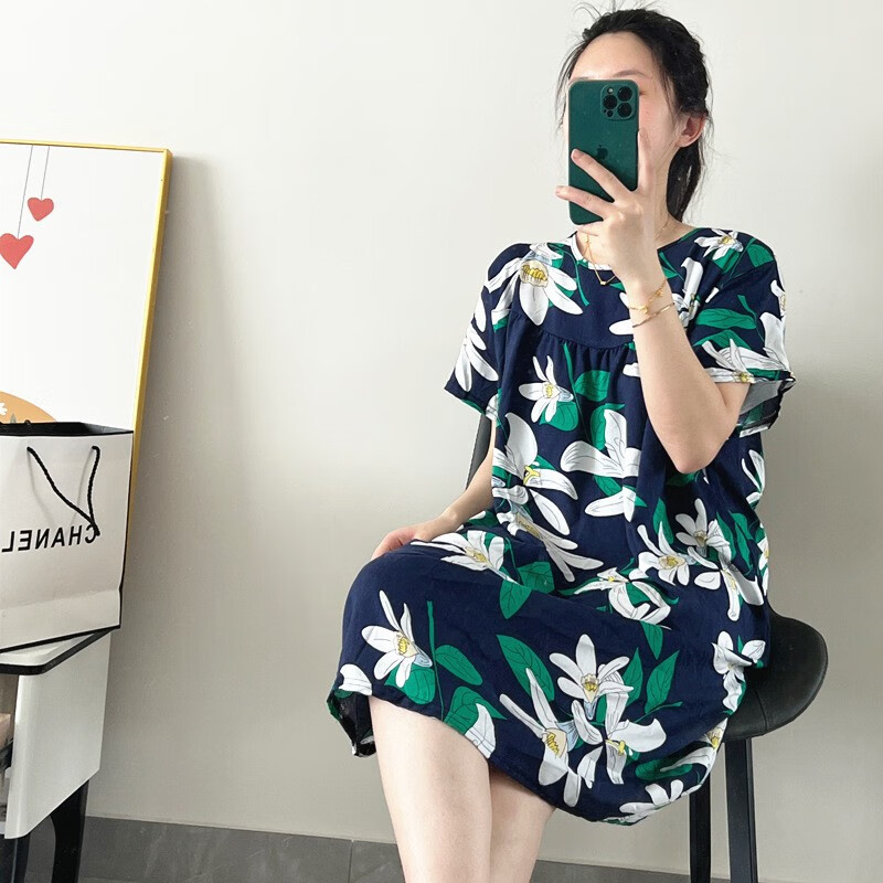 燠阳新款绵绸女士印花连衣裙短袖夏季休闲绵绸睡qun薄款家居 绵绸连衣裙-新小雏菊 均码（建议100-140斤）