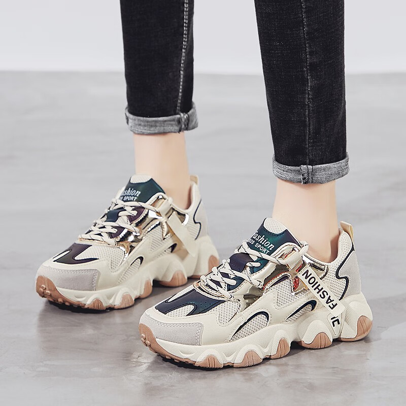 公牛雷霆老爹鞋女ins潮2024新款春季百搭显脚小码34网面运动软底跑步