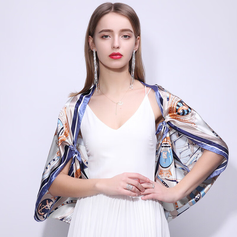 达芬奇密码 春秋季薄款大方巾女韩国百搭丝巾空姐领巾外搭防晒 桑海远航 水蓝