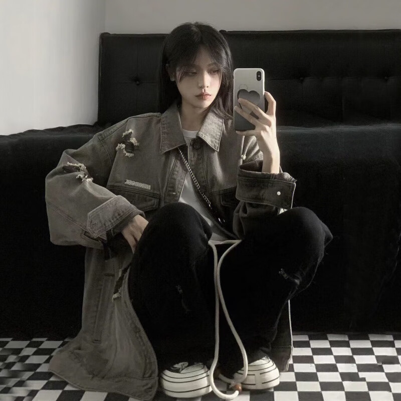 破洞拉链做旧牛仔外套女学生春秋港风宽松ins上衣潮 黑灰色 高质量