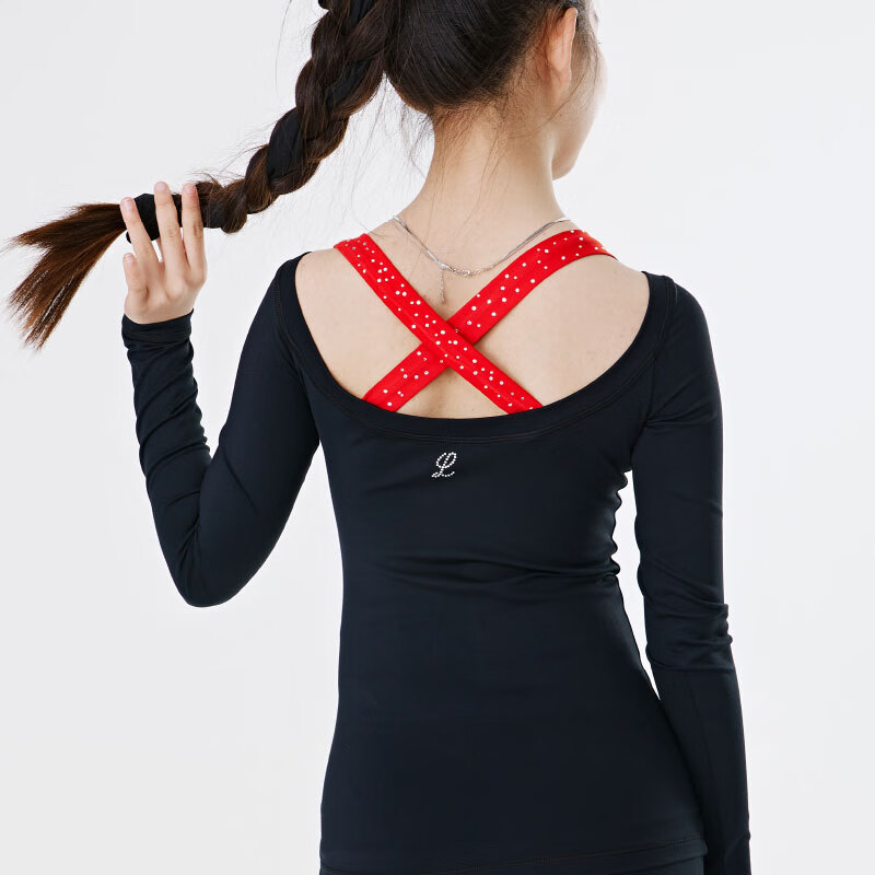 训练服撞色吊带t恤高弹女童成人定制考级体操瑜伽服 黑色中国红 xs