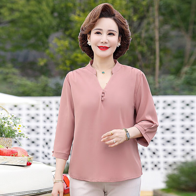 孜颜中年妈妈装七分袖雪纺上衣女夏季中老年女装宽松t恤洋气母亲衣服