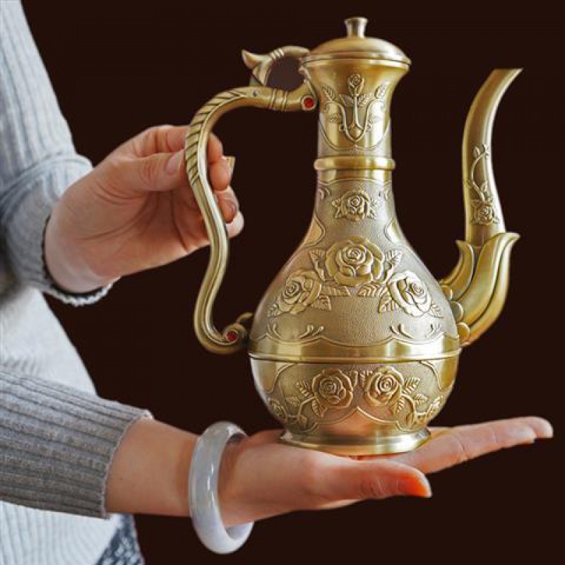 仿古代酒壶古风家用大容量中式宫廷复古倒兑分白酒金属铜酒杯套装 花