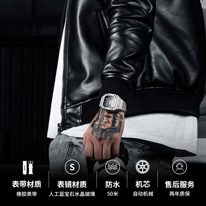 布加迪（BONEST GATTI）碳纤维男士镂空全自动机械表时尚轻奢酒桶型海盗船长系列腕表 Carbon黑白