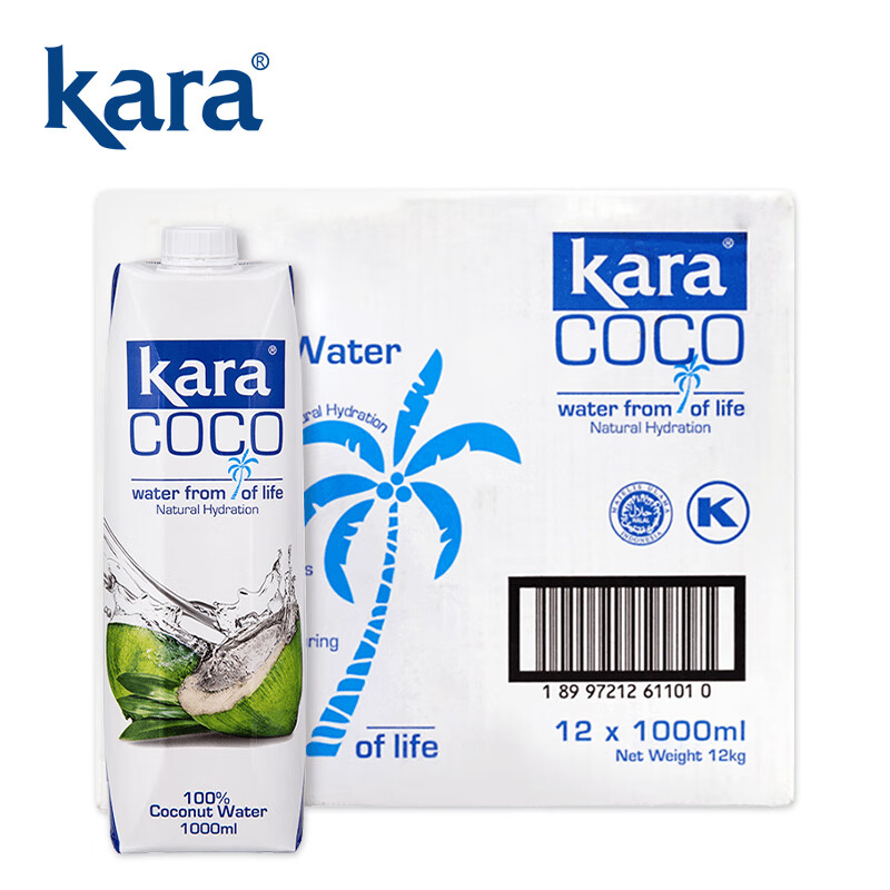KARA100%椰子水1L*12瓶 富含电解质 快速补水进口果汁饮料0脂低卡