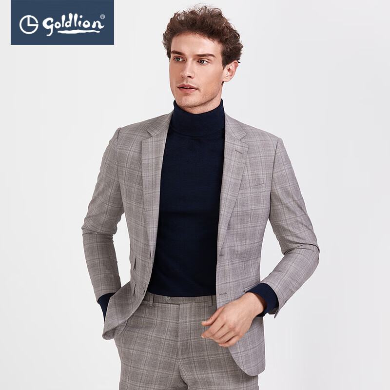 金利来(goldlion)男士绵羊毛混纺格纹快干修身男士西装外套 38浅灰