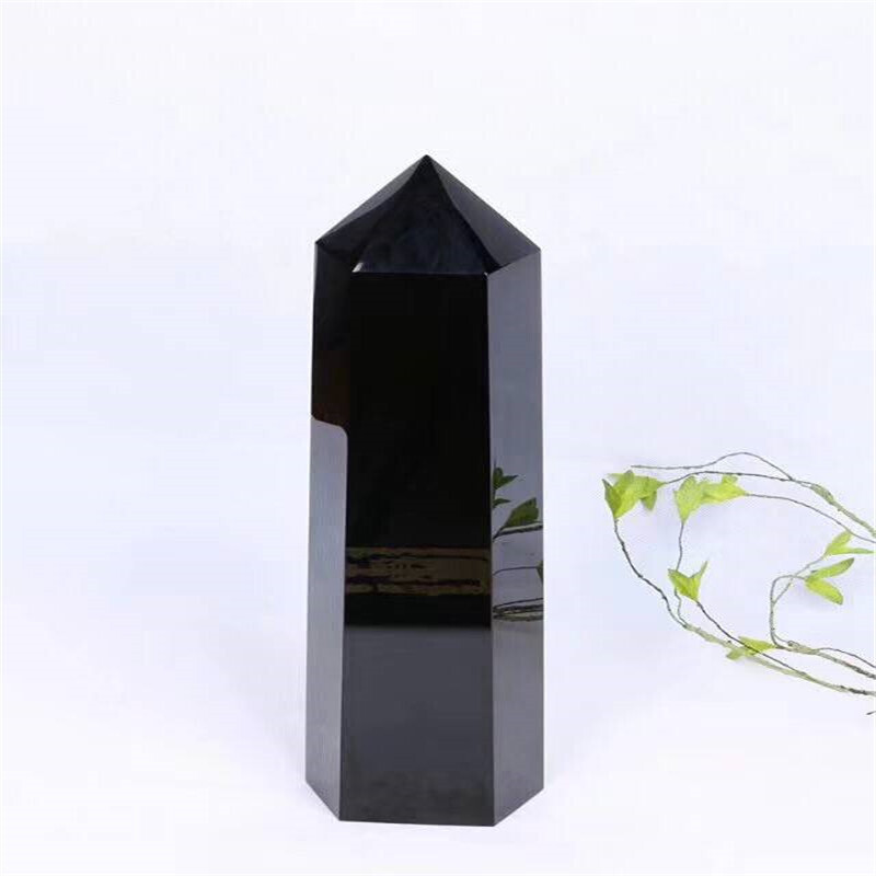 铭啸黑曜石六棱柱摆件六边形水晶柱原石打磨办公家居摆件 15*5厘米