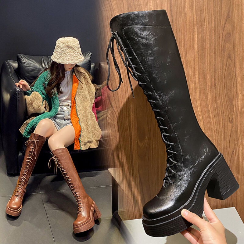 瑶继手工定制轻奢潮牌长筒不过膝弹力骑士靴秋冬新款厚底松糕网红绑带
