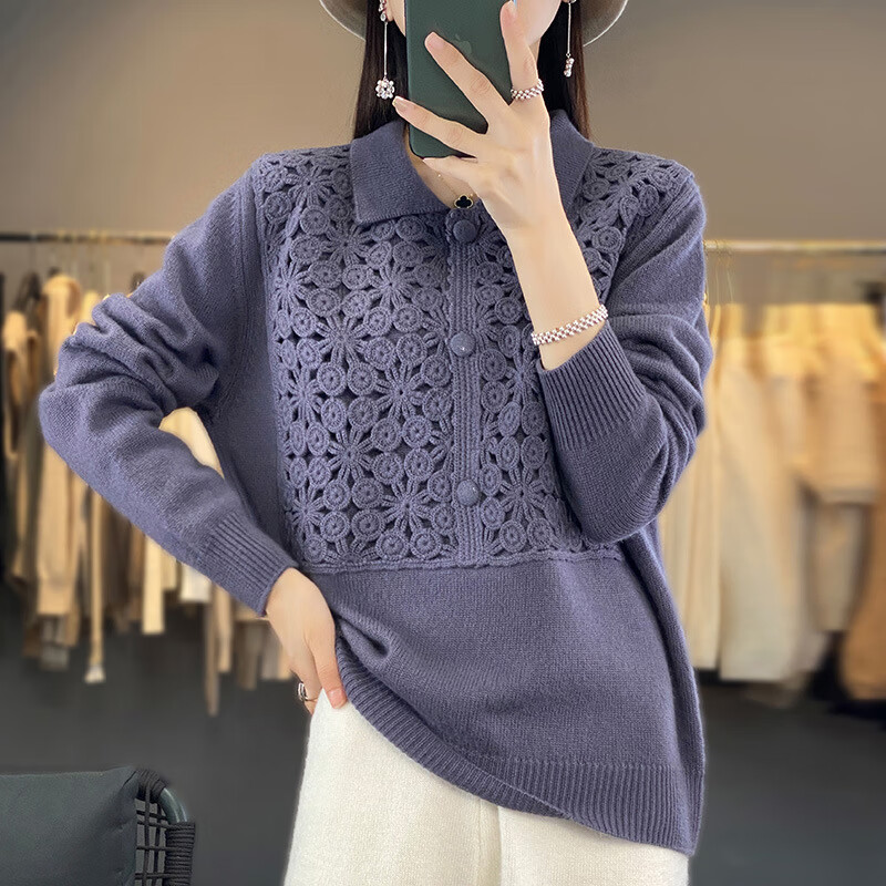 秋冬新款镂空钩花衬衣领羊毛衫女100羊毛宽松慵懒针织衫毛衣潮 丁香灰