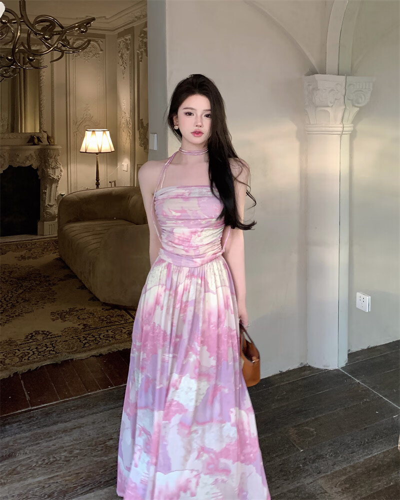 携鱼网纱弹力抹胸挂脖吊带连衣裙女夏季气质油画粉色长裙海边度假裙子