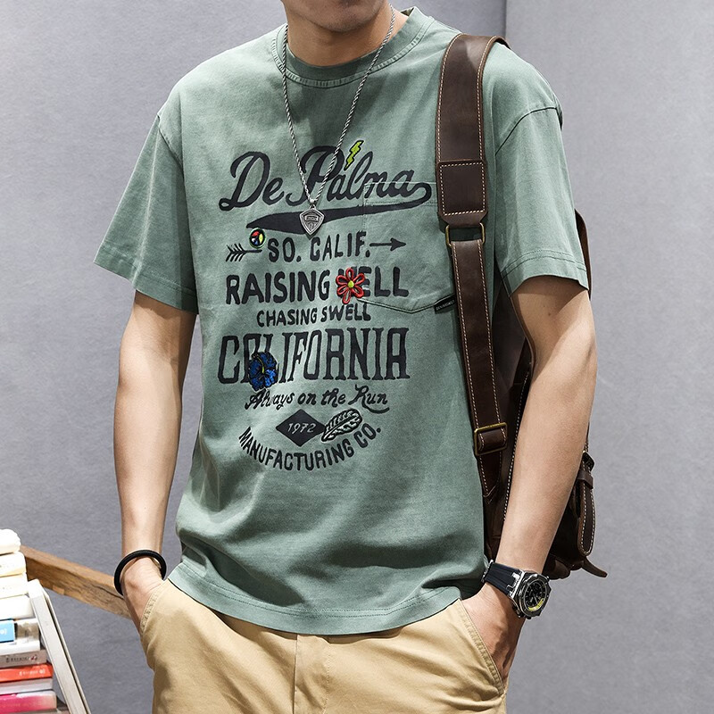 潮天士夏季纯棉美式圆领短袖t恤男宽松刺绣潮牌ins大码潮流口袋半袖