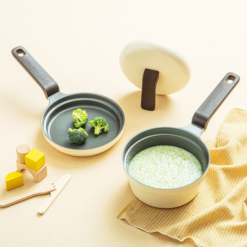 Glasslock进口奶锅宝宝辅食小煮锅平底煎锅不粘锅煮泡面牛奶锅2件套米黄色