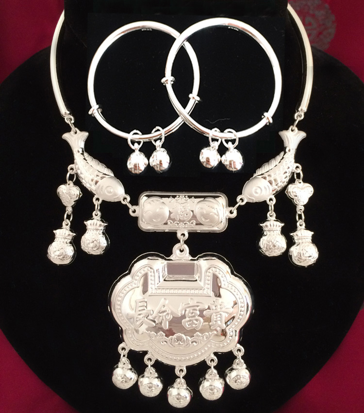 宝宝银项圈999银小孩长命锁银福袋铃铛锁包套装满月周岁礼物 长命富贵