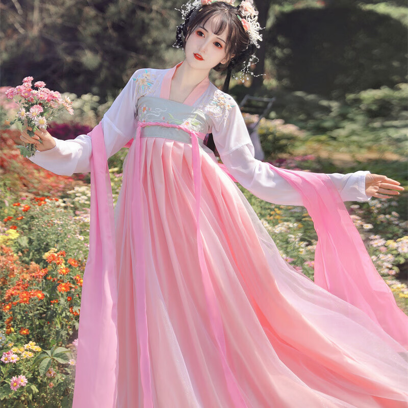 夏天仙气新款汉服齐胸襦裙飘逸显瘦印染汉风服汉元素古风绣花 粉色 s