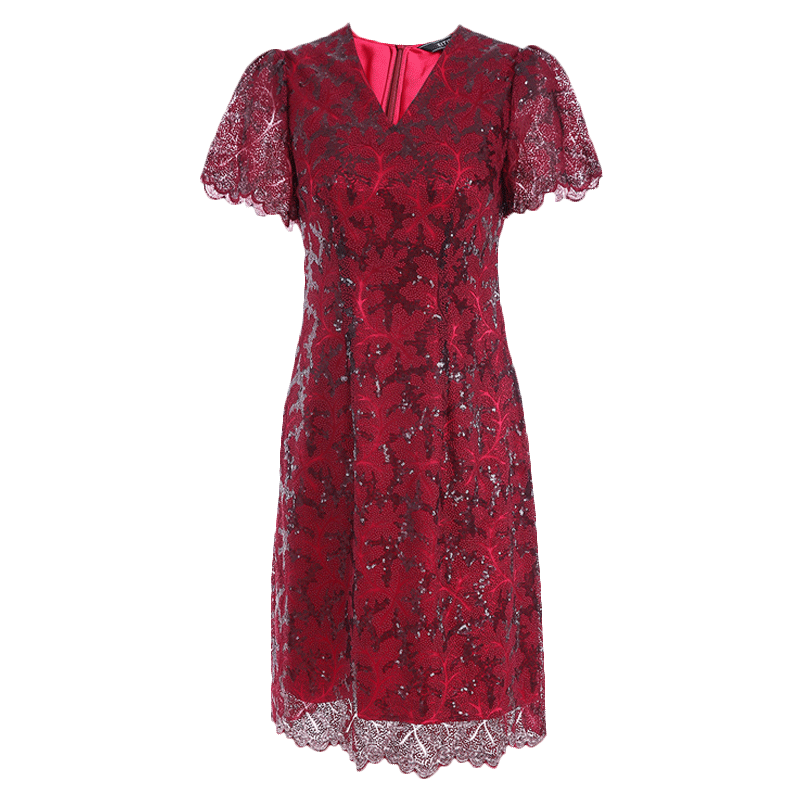 愛特愛（EITIE）女裝春季新品商場同款修身優(yōu)雅浪漫V領(lǐng)禮服裙女6077718 紅蔓62 L 165
