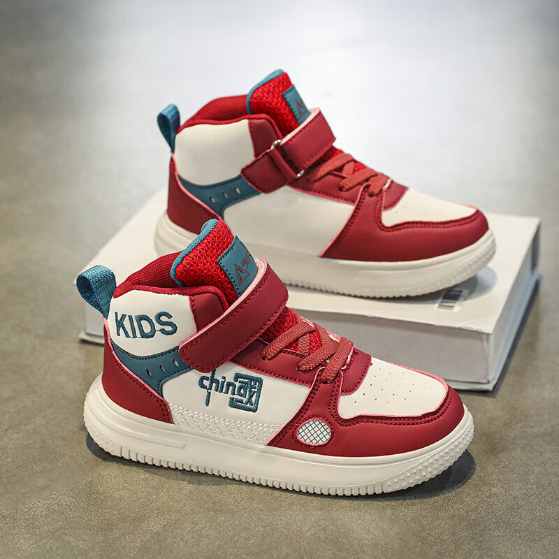 年新款儿童春鞋休闲高帮板鞋中大童春秋款儿童运动鞋 中国红升级款 31