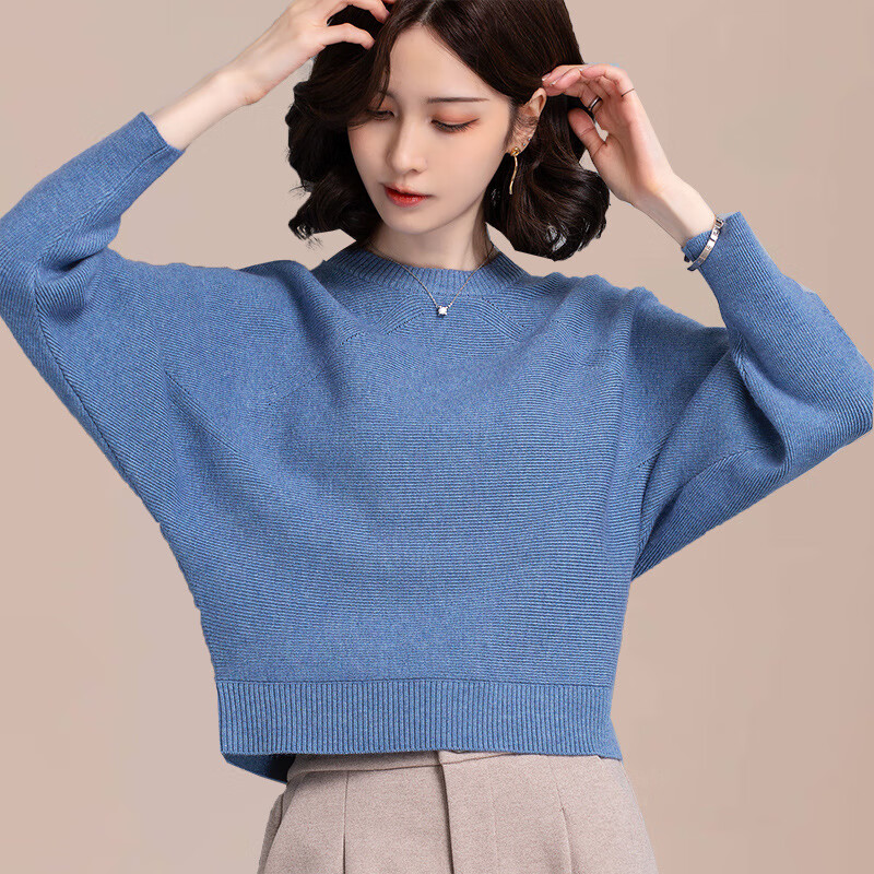 衫女秋季年新款打底上衣女蝙蝠袖韩版宽松短款外穿圆领毛衣 海雾蓝 m