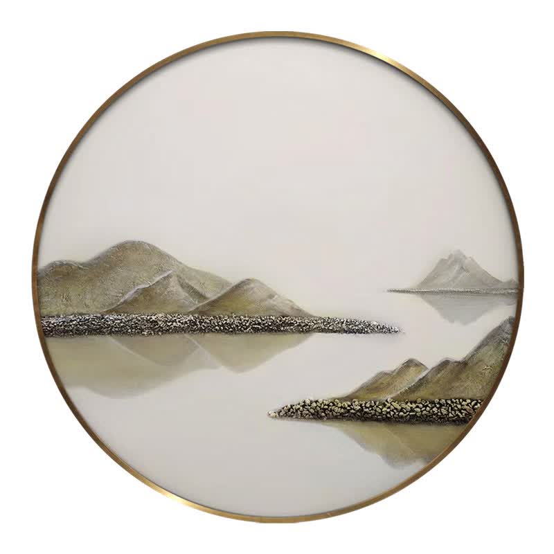 皓涛 手绘油画玄关装饰画圆形入门新中式客厅背景墙挂画风景轻奢山水