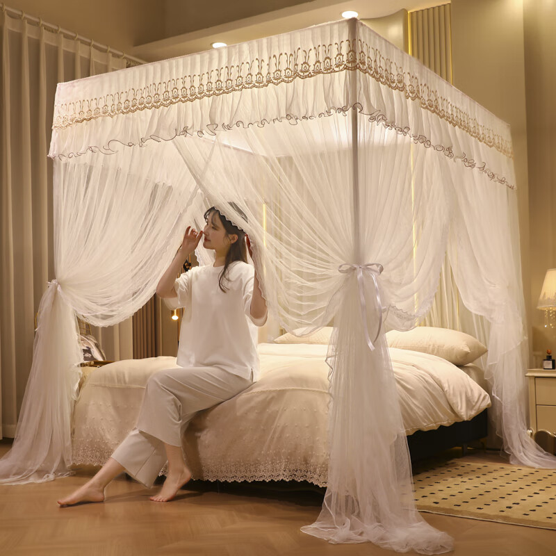钱后落地宫廷蚊帐三开门花边刺绣加密帐纱烤漆支架加高加大防尘顶蚊帐