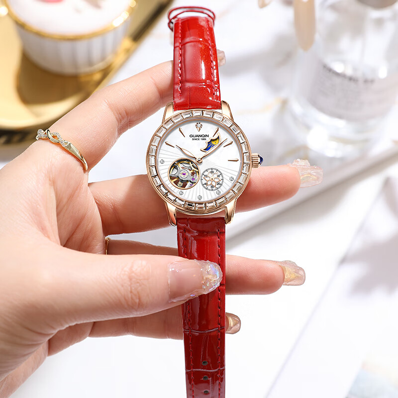 冠琴（GUANQIN）手表女全自动机械表明星同款镂空飞轮女士手表国表礼物送女友老婆 红皮玫金白面（女神气质）