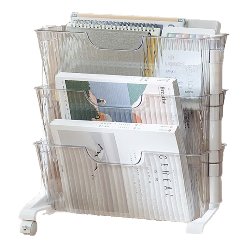 時代良品 可移動書架多層兒童收納架閱讀家用置物架小推車帶輪落地簡約書柜 白色-三層帶輪款