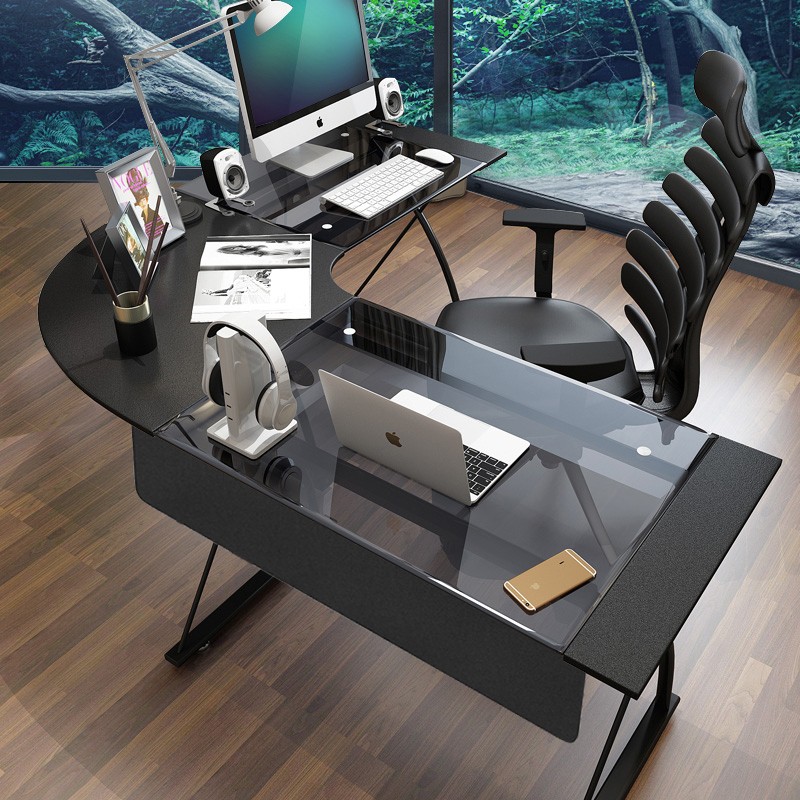 爱特屋 钢化玻璃电脑桌 家用台式笔记本L型拐角桌 简约现代办公电脑桌弧形转角书桌 黑色-单桌